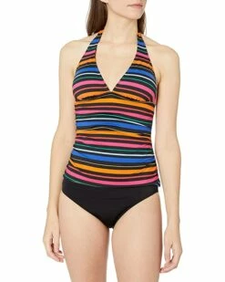 Nautica Women's Standard Shirred Front V Neck Halter Tankini Top Swimsuit | Swimwear