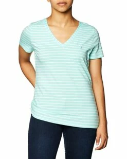 Nautica Women's Easy Comfort V-Neck Striped Supersoft Stretch Cotton T-Shirt | Shirts & Tops