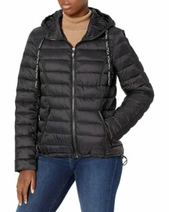 Nautica Women's Short Hooded Packable with Logo Taping on Arm | Coats & Outerwear
